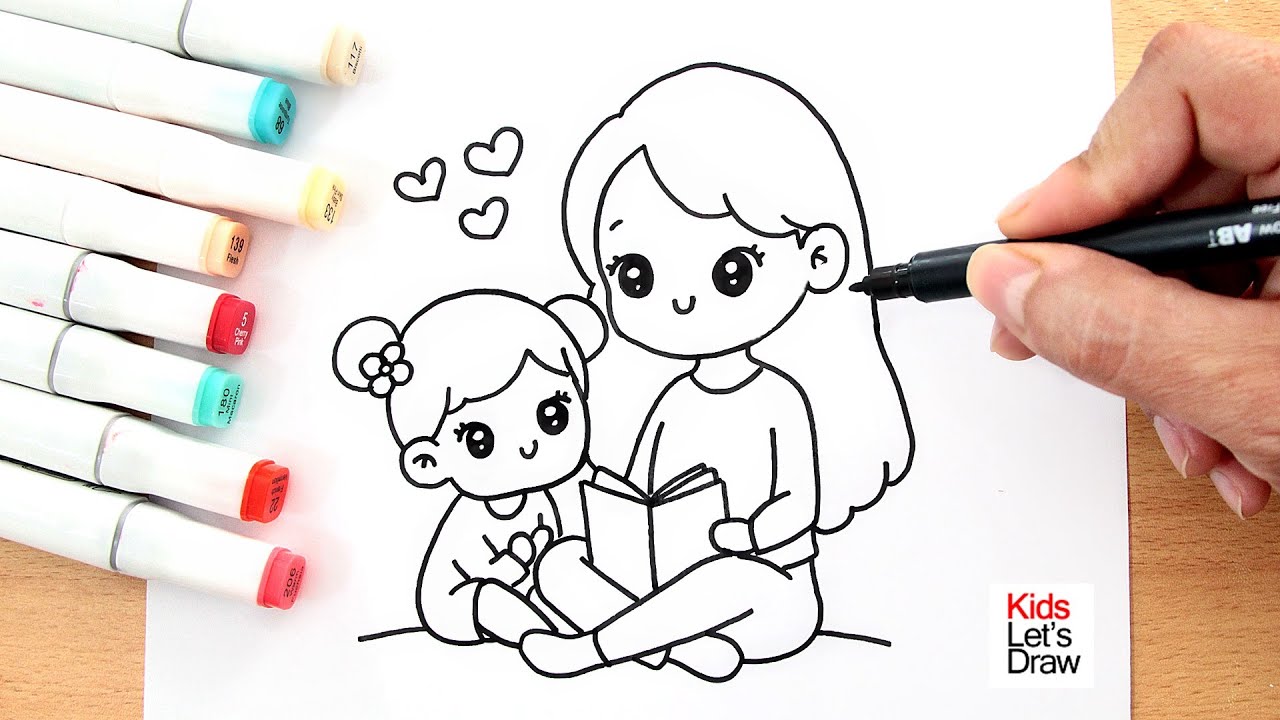 dibujo de una niña con su mama